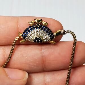 Vtg Turtle Charm Blue Rhinestone Bracelet 8" Gold Tone